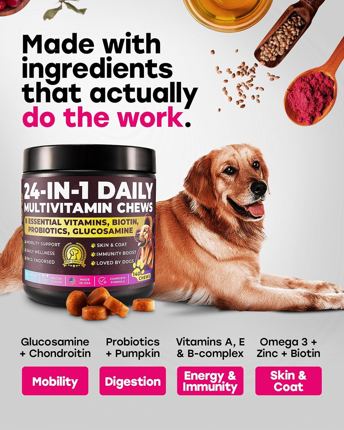 Pup Choice 24-in-1 Multivitamin Chews for Dogs with Glucosamine, Omega-3 & Probiotics – Joint, Skin, Coat & Immune Support, Bacon Flavor, 140 Count
