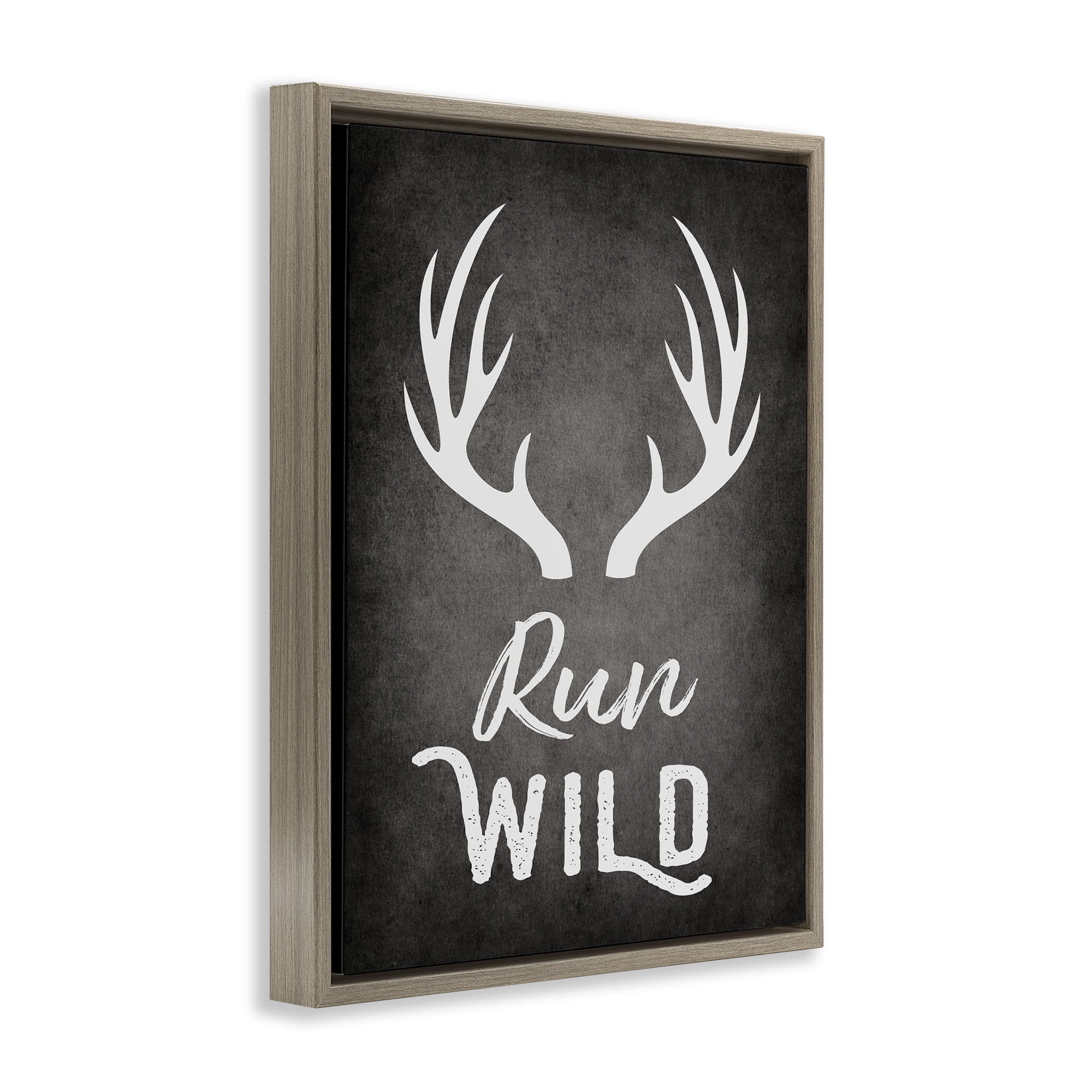 Stupell Industries Run Wild Antlers Typography Painting Brown Floater Framed Canvas Art Print Wall Art, 17 x 21
