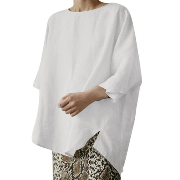 Womens Summer Cotton Linen Shirts 3/4 Sleeve Solid Color Loose Casual T Shirts Hi-lo Hem Basic Tunic Tops Blouses