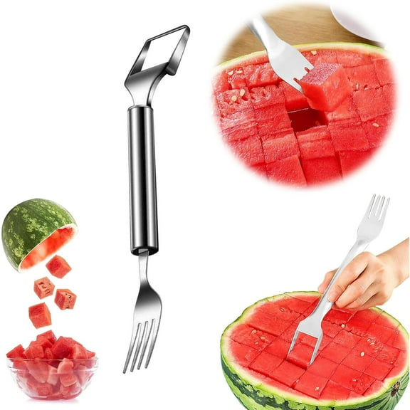 Uiz Merueh 2-in-1 Watermelon Fork Slicer,Stainless Steel Fruit Forks Slicer Portable Dual Head Watermelon Slicer Cutter Fruit Cutting Fork Tool for Family Parties Camping Party