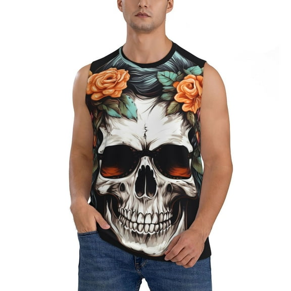Kdxio Flower Horn Skull for Men's Muscle T-shirt,Sleeveless for Workout Running Athletic Gym Lounge Casual