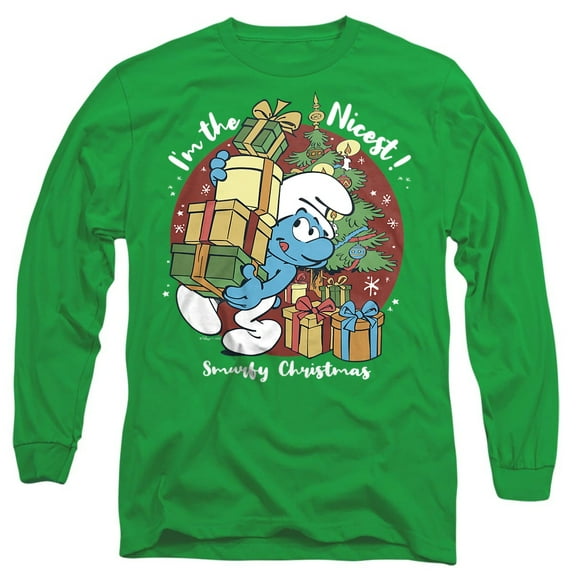 Smurfs Christmas, I'm The Nicest Unisex Adult Long-Sleeve T Shirt, Kelly Green, Small