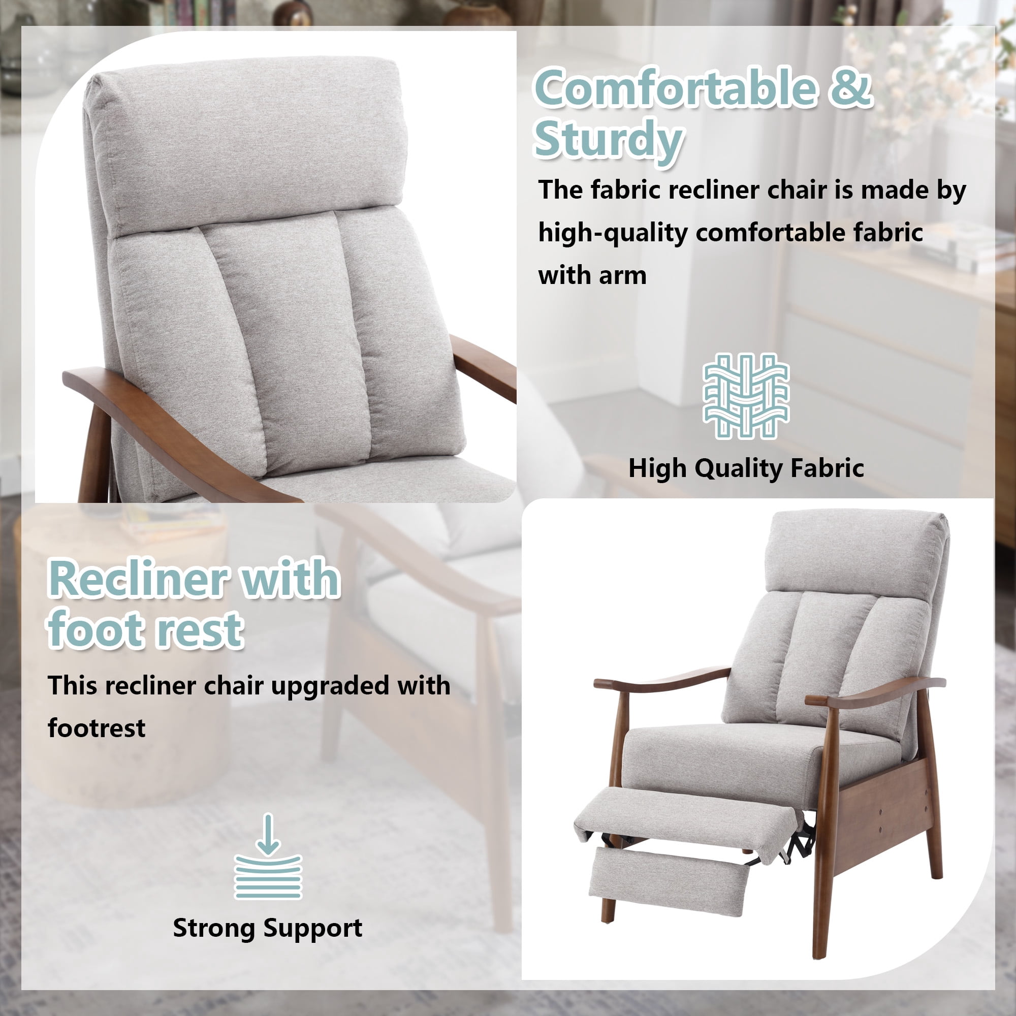 MOONMISS Linen Upholstered Wood Frame Adjustable Recliner Lounge Armchair for Living Room-Light Gray