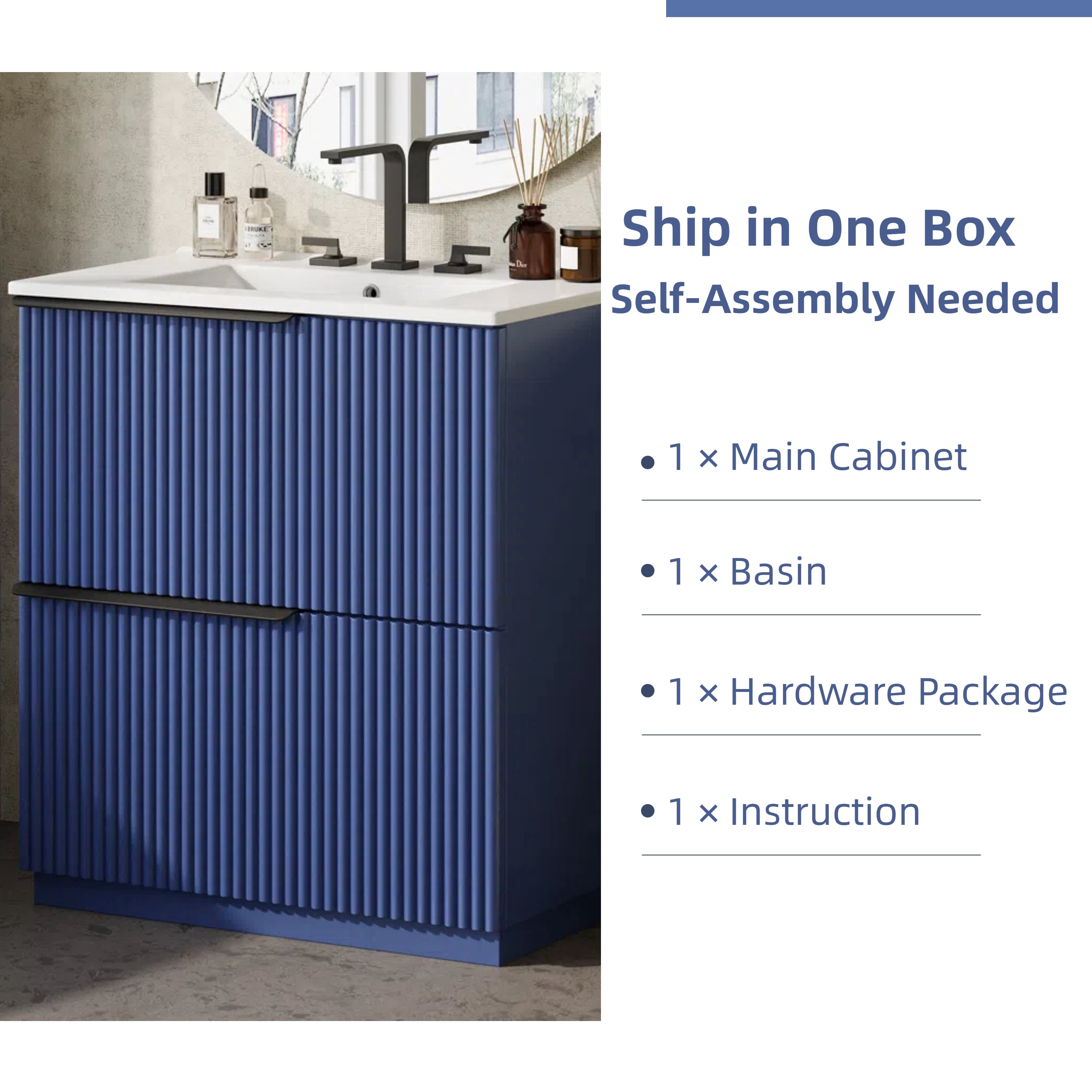 30" Bathroom Vanity with Ceramic Sink and Full-Extension Drawers, Freestanding Bathroom Vanity with Soft Close Drawer Slides, Fluted Design, Blue