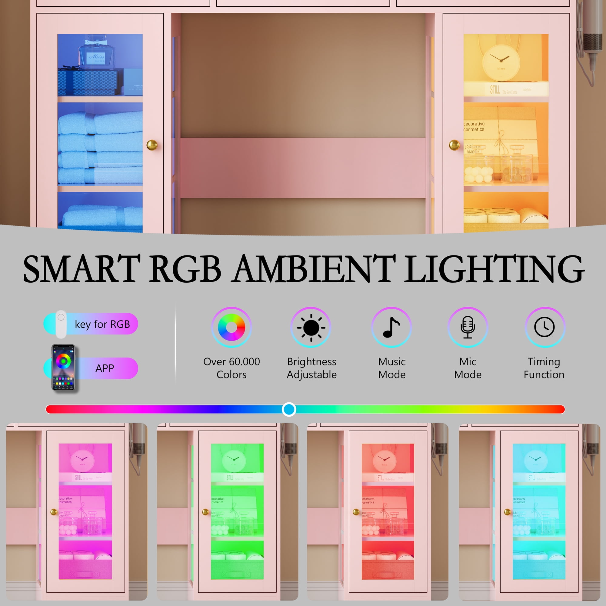 Vanity Desk with Mirror and Lights, Glass Top Vanity with Lighted Mirror & RGB Glass Cabinet and 3 Drawers, Makeup Vanity Desk with Lights Dressing Table for Bedroom, 3 Color Modes
