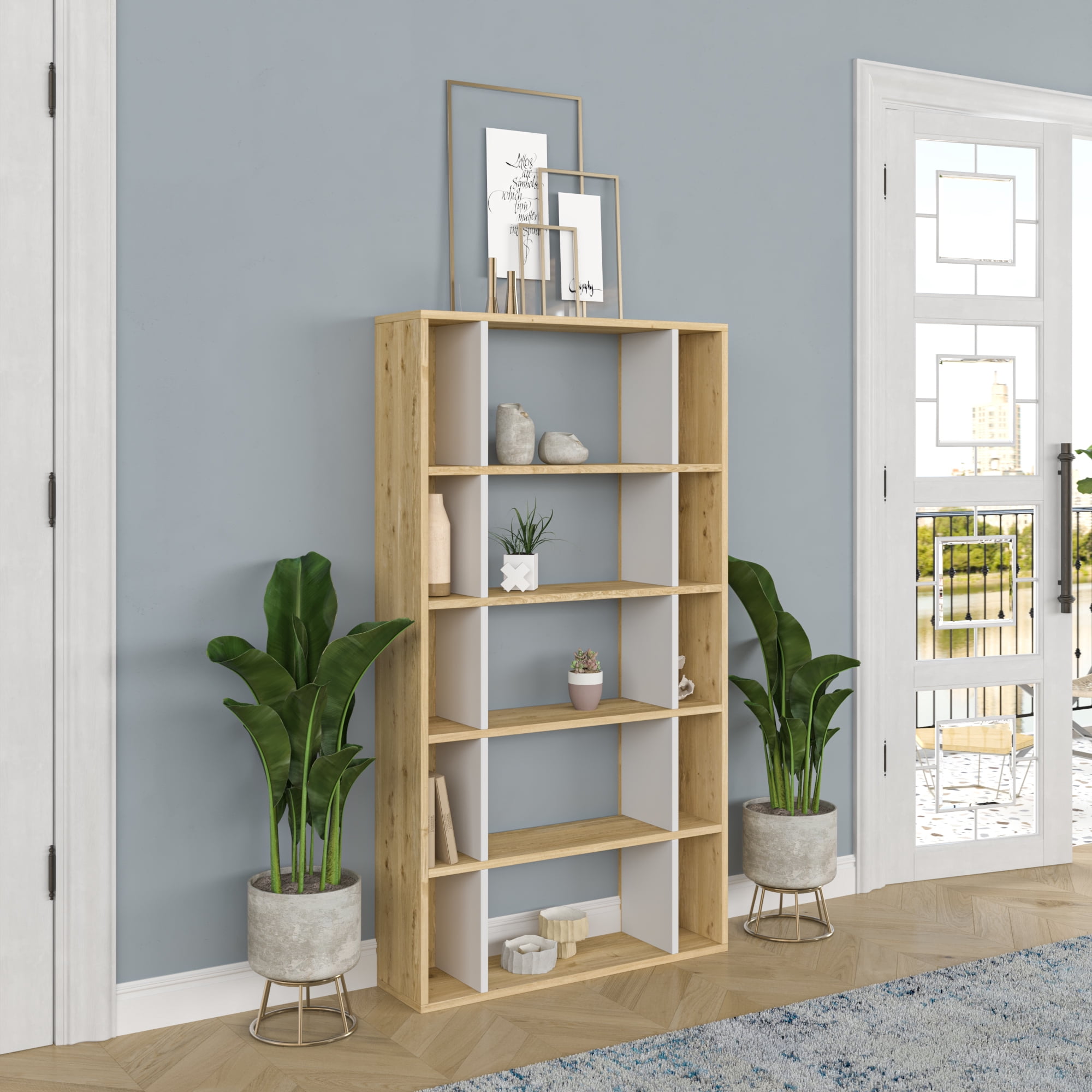 Ada Home Decor Sanborn Multiple Tier Open Shelf Modern Bookcase, Oak/White