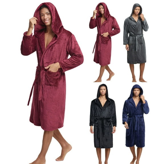 BAETEUY Men's Nightgown, Hooded, Long Sleeve, Belt, Flannel Bathrobe, with Pockets, Solid Color, Quick-Drying Fabric, Knee-Length, Loungewear Robe