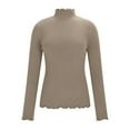 thumbnail image 6 of Mifsaly Long Sleeve Thermal Tops Women Scallop Mock Neck Slim Fit Undershirts Breathable Soft Stretchy Ribbed Shirts Going Out Fall Winter Pullover Basic Blouse Khaki, 6 of 9