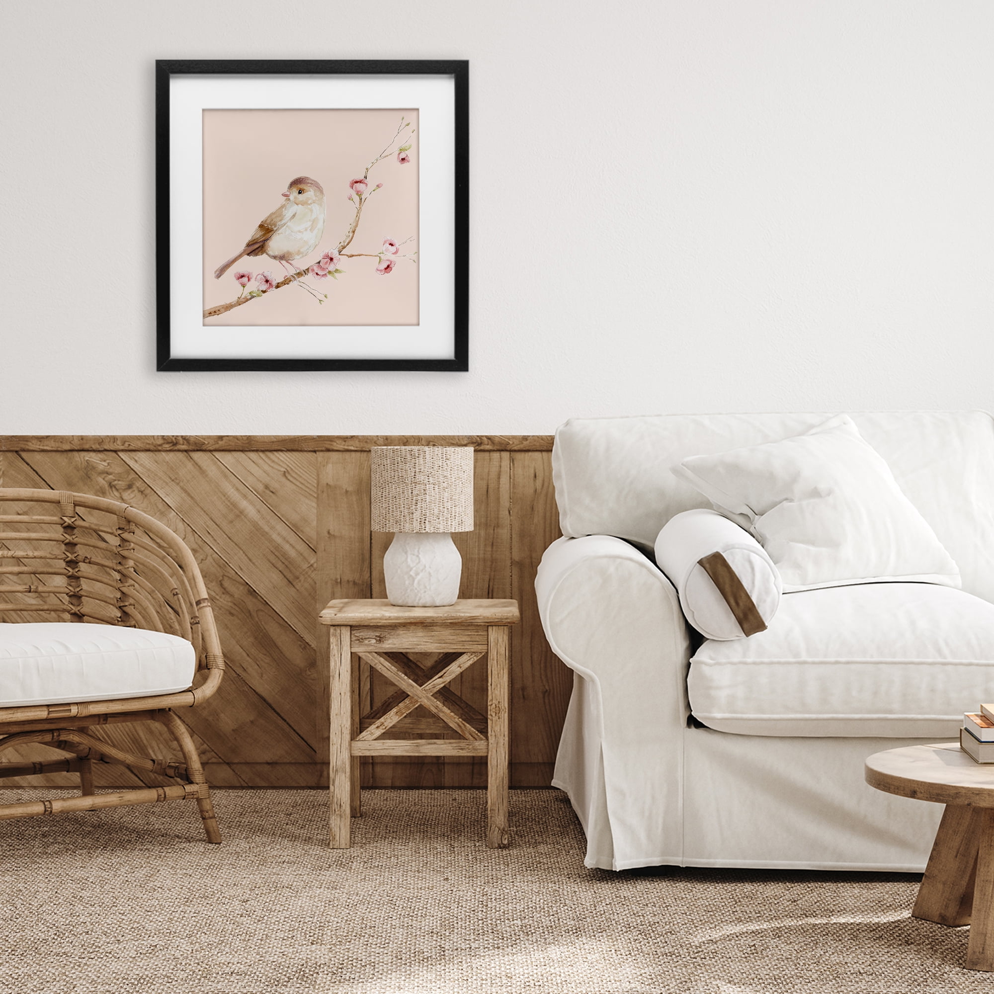Sweet Brown Bird Perched Black Framed Print Under Glass, design by Lisa Wehmeyer