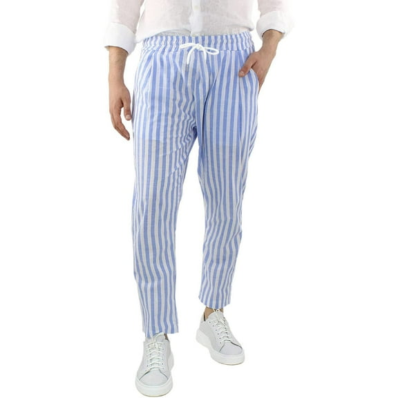 MRULIC jeans for men Linen And Cotton Waist Casual Men's Striped Breathable Loose Trousers Men's pants Men Casual Pants Light blue M