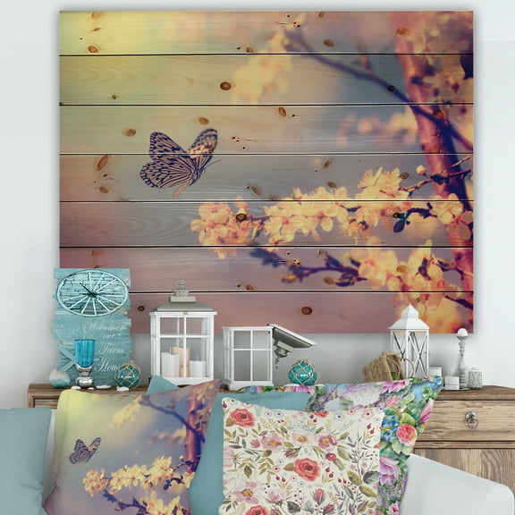 Designart 'Ancient Butterfly Flying To A White Flower' Traditional Print on Natural Pine Wood