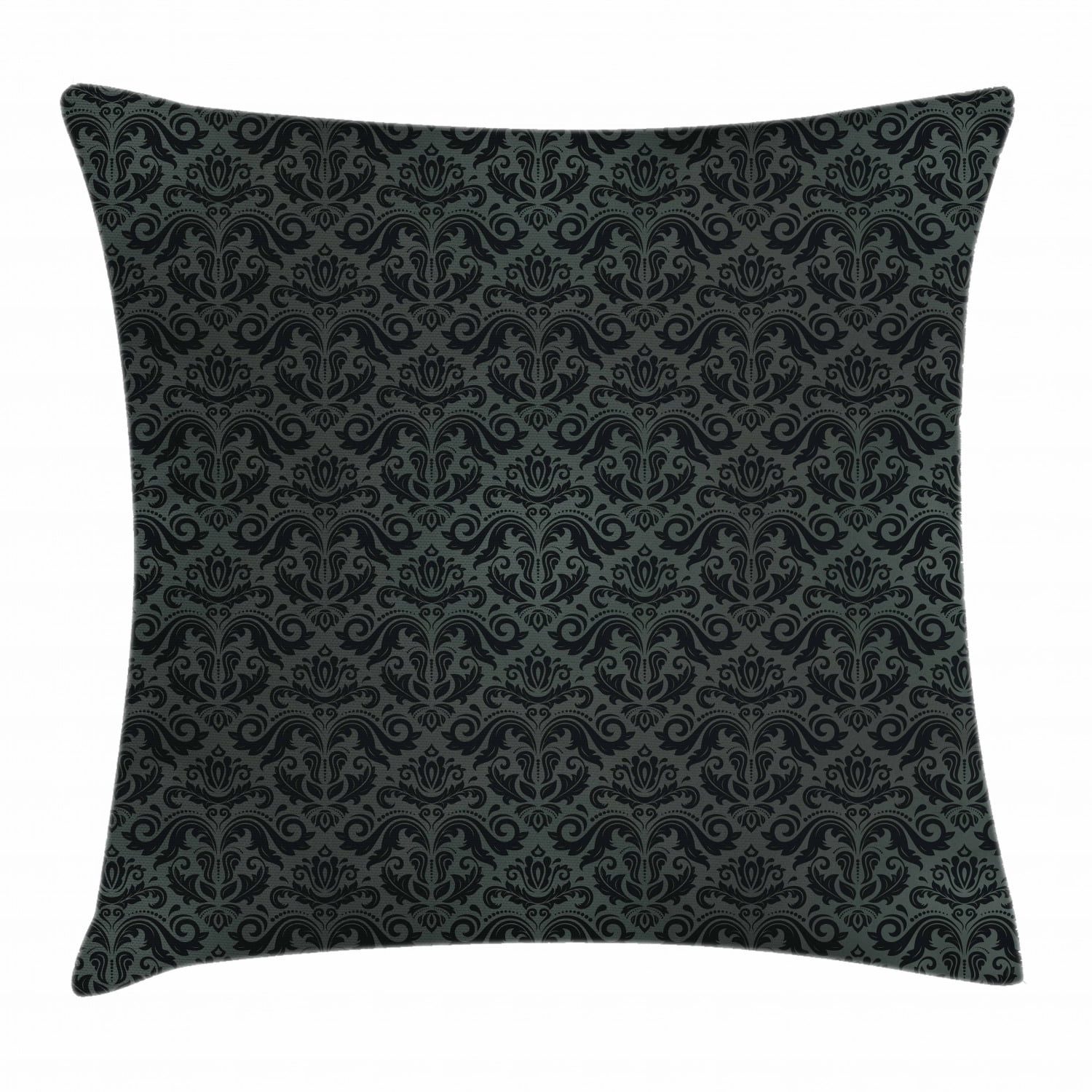 Dark Grey Throw Pillow Cushion Cover, Black Damask Arabesque and Floral Elements Oriental 