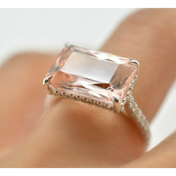 HeartsAndYou 2ct Radiant Natural Peach Morganite Moissanite Accent Ring 14k SOLID White Gold