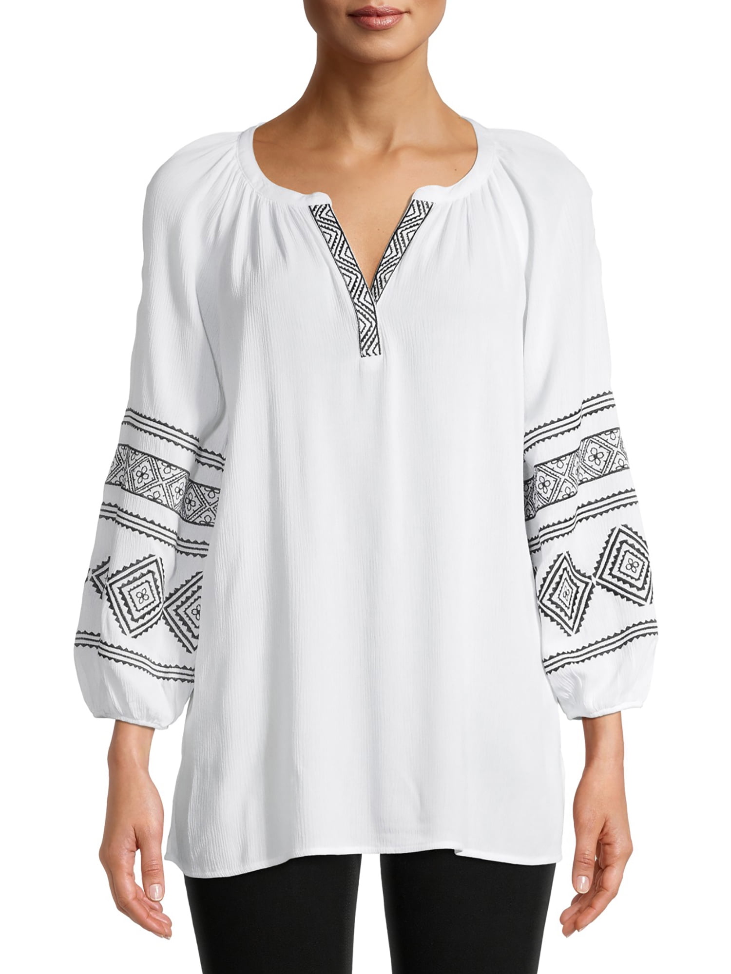 The Pioneer Woman Embroidered 3/4 Sleeve Peasant Tunic, Womens ...
