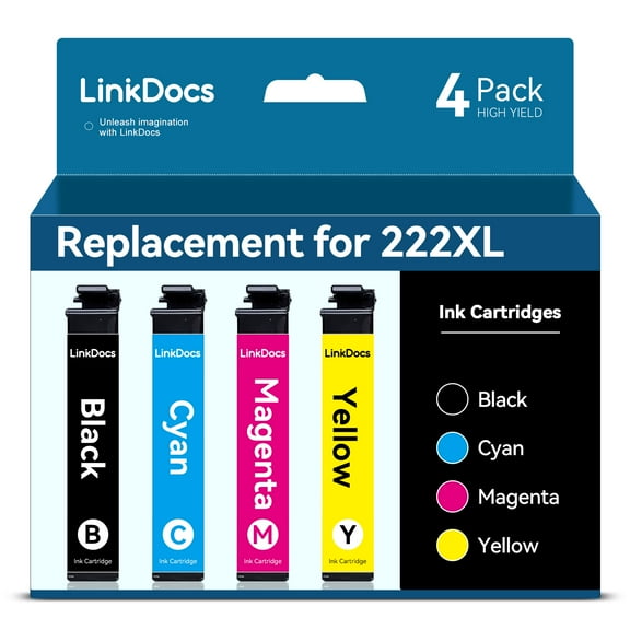 LinkDocs Ink Replacement for Epson 222XL T222 Ink Cartridges Replacement for Epson Ink 222 Expression Home XP-5200 Workforce WF-2960 Printer (4 Pack)