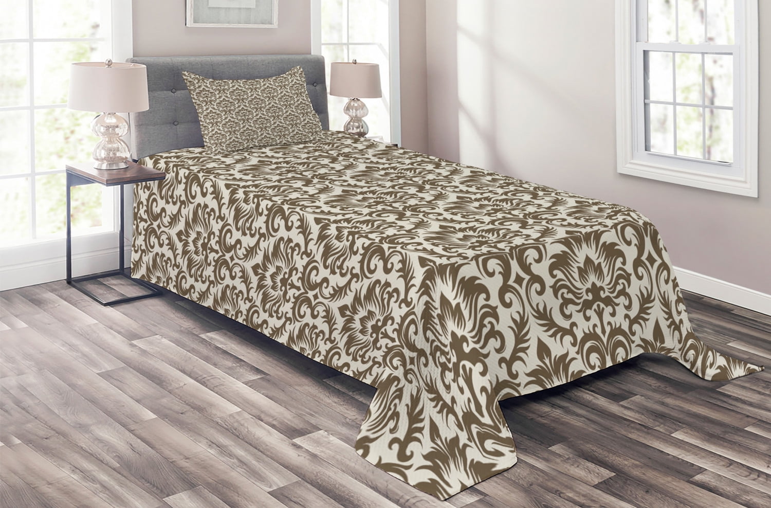 Damask Coverlet Set Twin Size, Floral Damask Featuring Scrolled Motifs