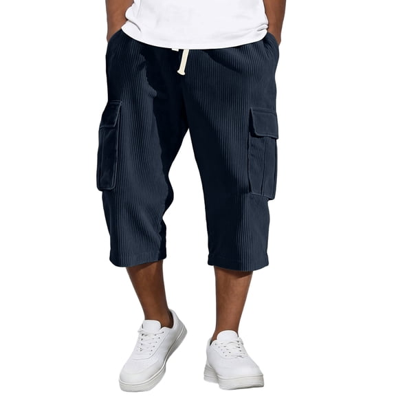 Dresfit Men's Cargo Shorts Loose Corduroy Drawstring Shorts Summer Spring Big and Tall Breathable Multipockets Hiking Shorts Navy XL
