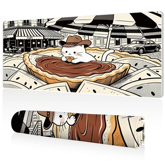 LIVEKEY XXL Gaming Mouse Pad 80x40cm Non Slip Base Stitched Edges Full Desk Coverage Durable Easy Clean Surface with Cat on Pie Urban Cafe Design for Gaming and Office Setup