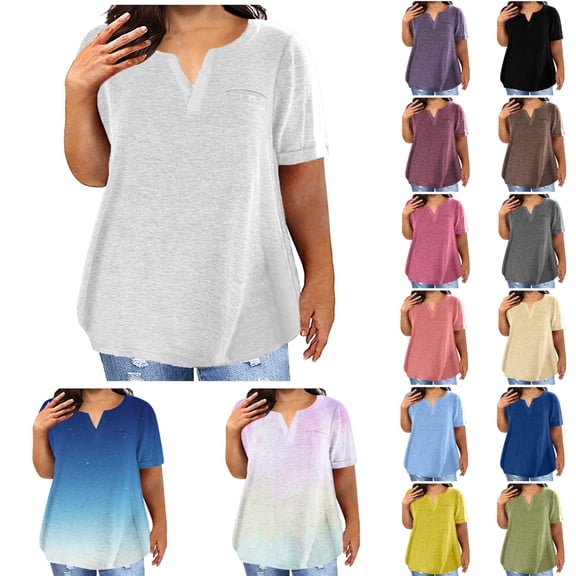 Plus Size Tops for Women Short Sleeve Summer Pullover Solid V Neck Tee Tunic Loose Fit Tshirts Yellow L