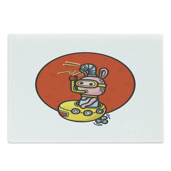 Yellow Submarine Cutting Board, Little Alien Cartoon in Spaceship Periscope over Moon Planet, Decorative Tempered Glass Cutting and Serving Board, Large Size, White Red, by Ambesonne