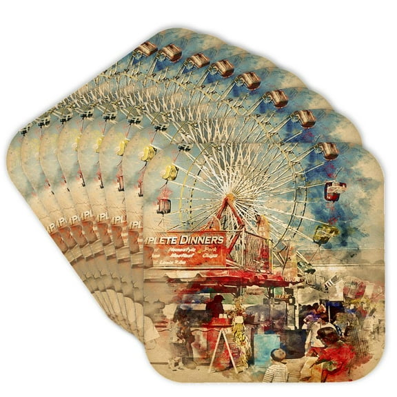 3drose, County Fair Day Midway Rides Food Booth Watercolor Style Picture, Set of 8 Coasters - Soft