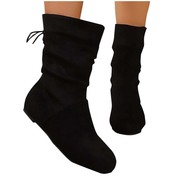 LOVZFMLL Bottes pour Femmes Mi-Mollet Bottes Stovepipe à Lacets Bout Rond Sangles Ajustables Talon Plat Bas Combat Automne Hiver Chaussures