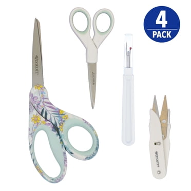 Westcott Fashion Sewing Set, Scissors, Seam Ripper & Thread Snips, Stainless Steel, White/Blue, 4-Piece