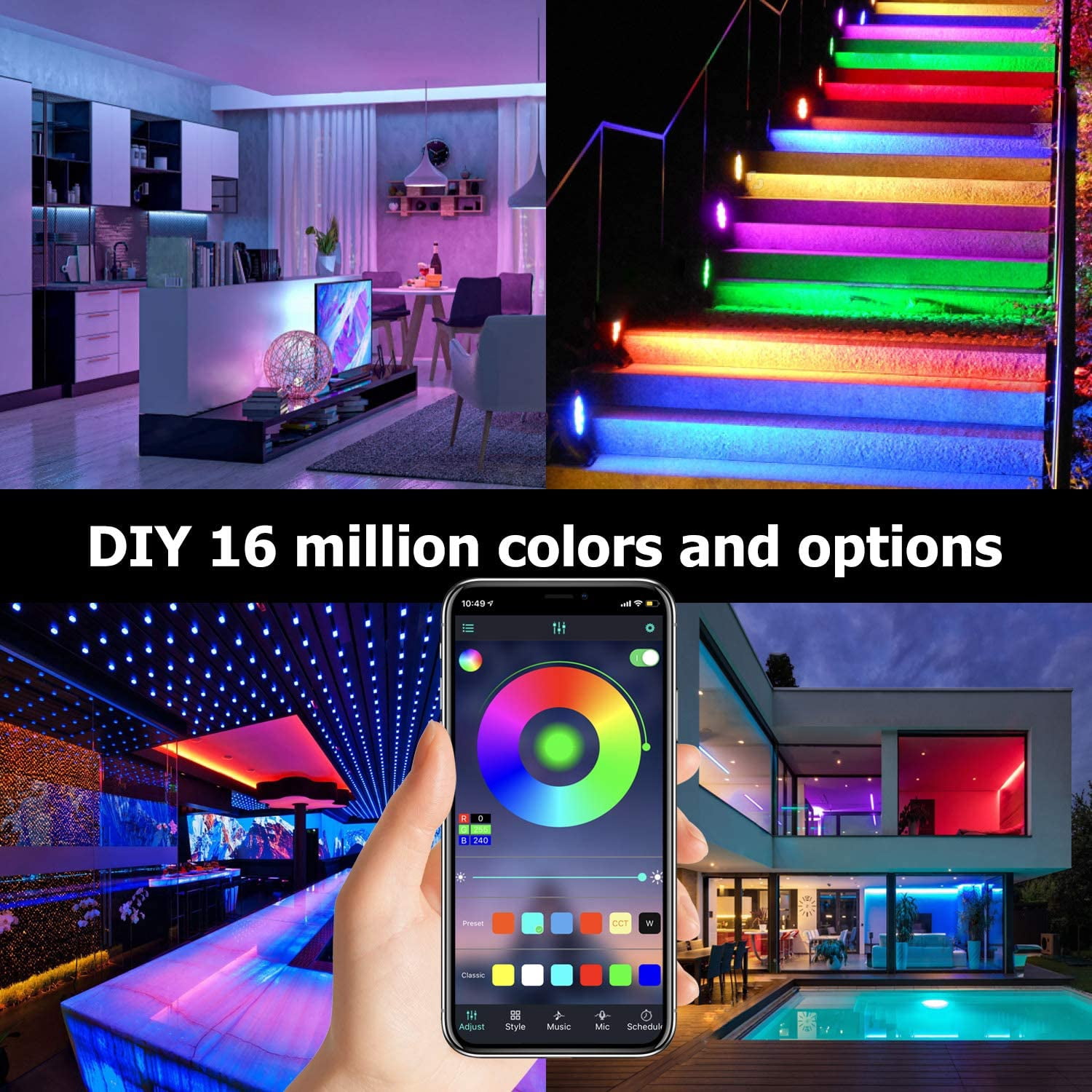 49.2ft Bluetooth LED Strip Lights with 44 Keys Remote Control Ultra-Long RGB Color Changing Rope Lights,Wireless Smart App Controlled Bedroom Lights,SMD 5050 Flexible Bright Light Strip