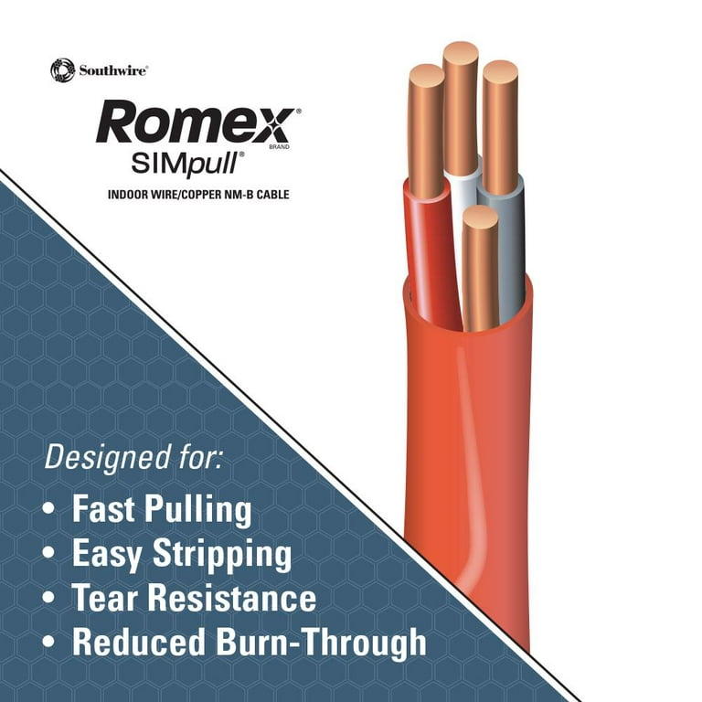 Southwire 63948421 25' 10/3 with ground Romex brand SIMpull residential  indoor electrical wire type NM-B, Orange 