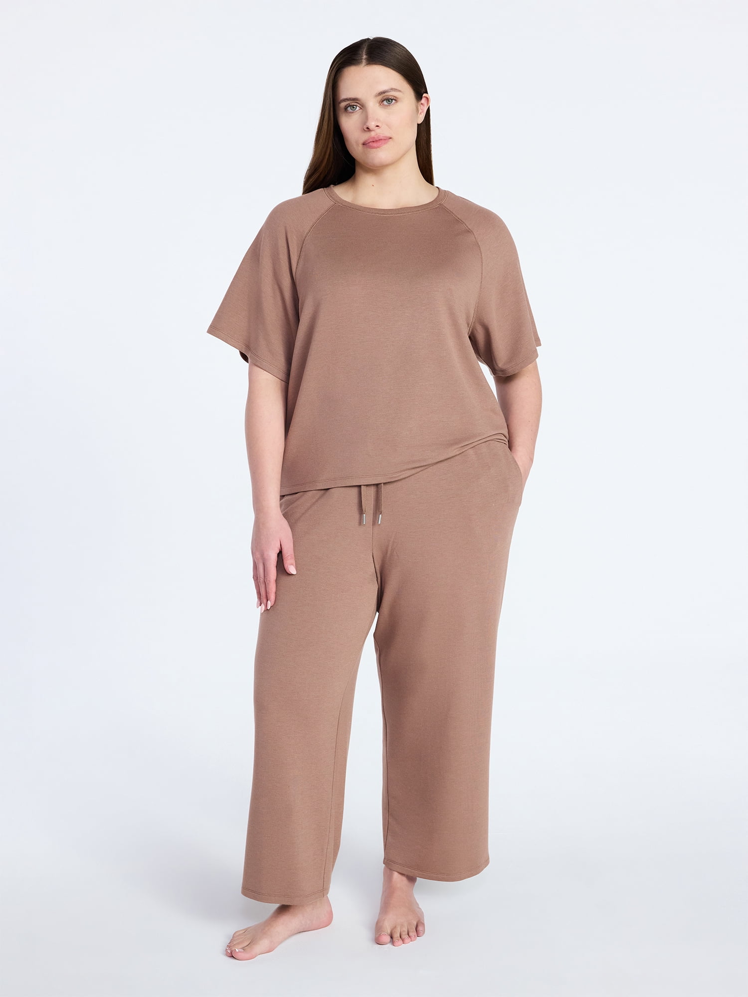 Joyspun Women's French Terry Lounge Sleep Short Sleeve Top and Capri Pants Set, 2 Piece, Sizes XS-3X
