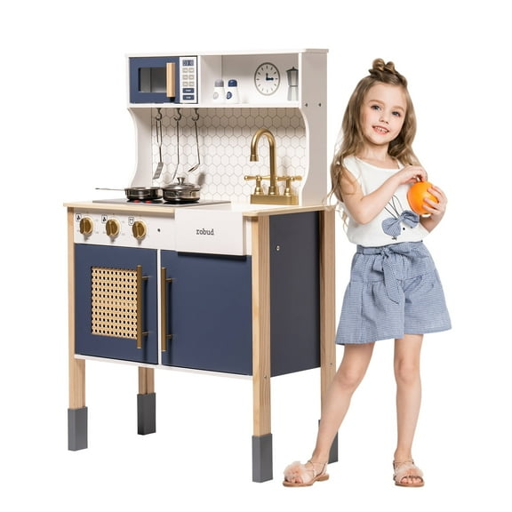 Robud Wooden Adjustable Height Pretend Play Kitchen with Sound and Light, Gem Blue