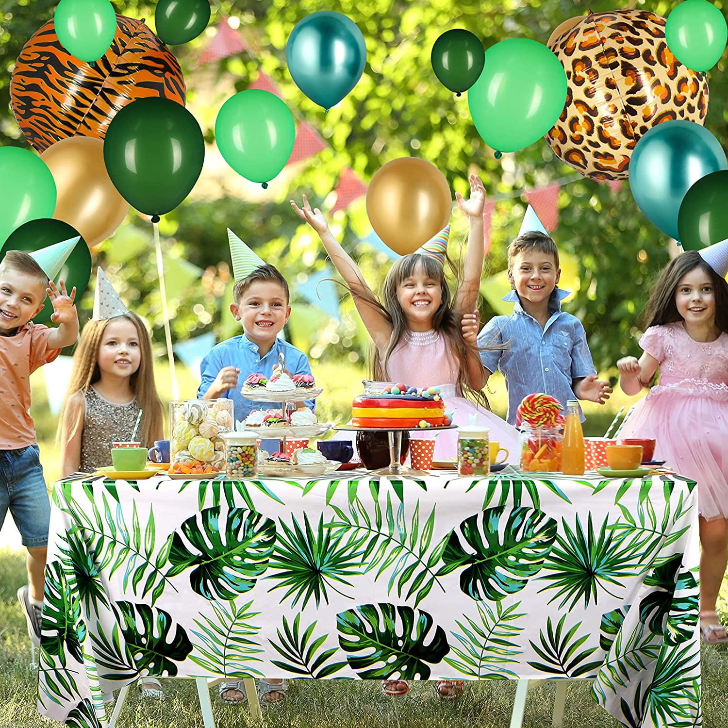 Jungle Safari Theme Party Decoration Include Green Balloons 4D Leopard Foil Balloon Palm Leaf Tablecloth for Jungle Safari Boys and Girls Baby Shower Birthday Party Supplies