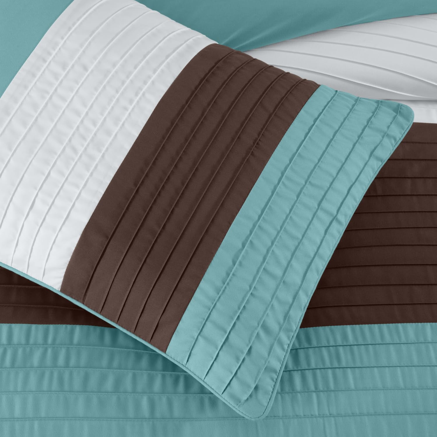 Chezmoi Collection Briar 7-Piece Queen Bed in a Bag Comforter Set with Sheets - Lightweight Comforter Blue Brown Beige Luxury Pleated Stripe Bedding Set for All Season