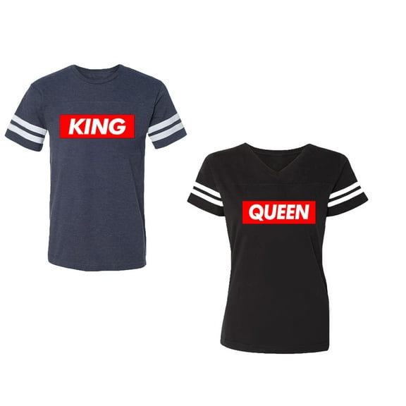 King Queen Hip Hop Unisex Couple Matching Cotton Jersey style T-Shirt Contrasting stripes on sleeves (Men Navy / Women Black) (Men S / Women S)