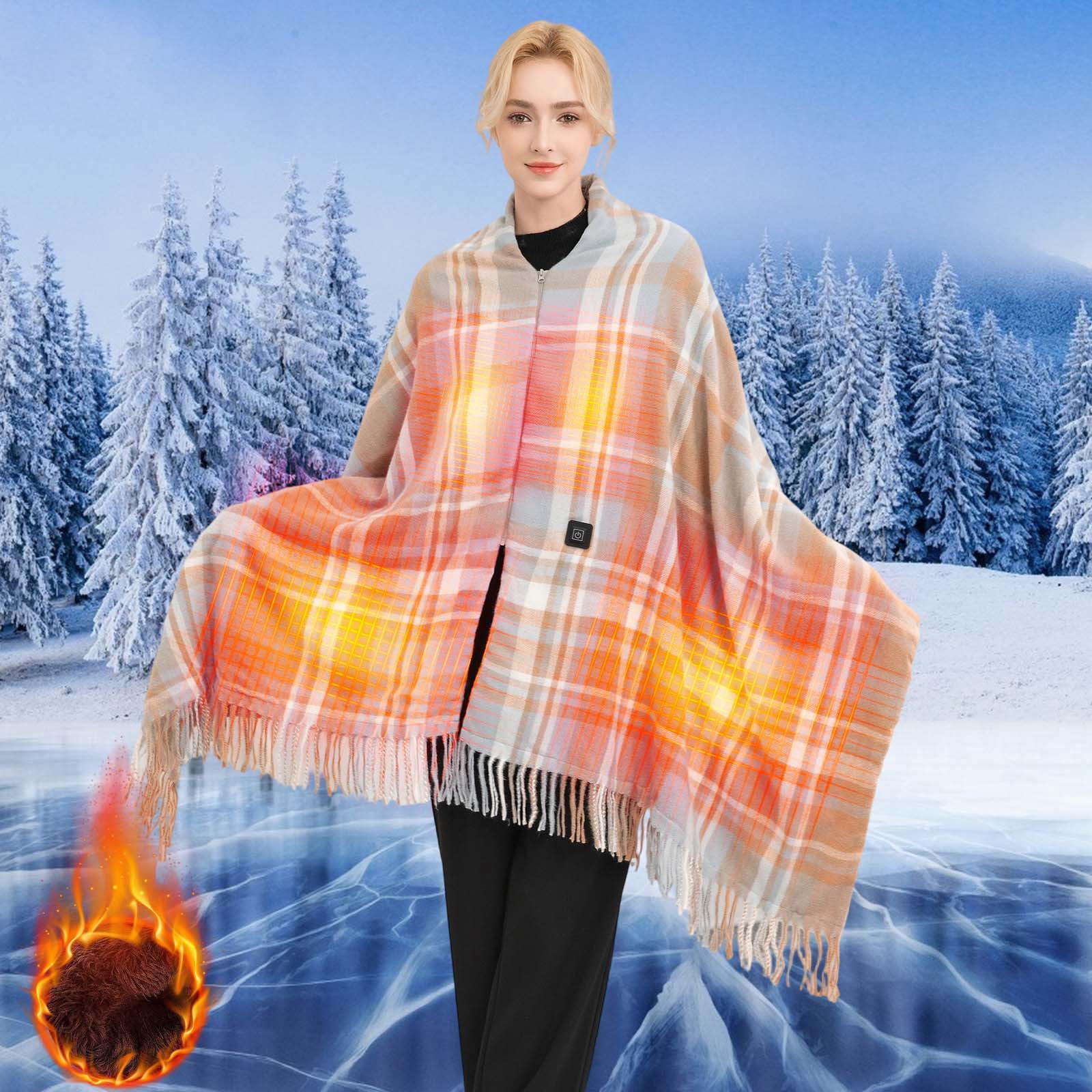 Heated Throw Blanket Battery Operated, Check Pattern Portable Cordless Heated Shawl Ponchol with 2 Heating Areas, Electric Wearable Heating Blanket (B)