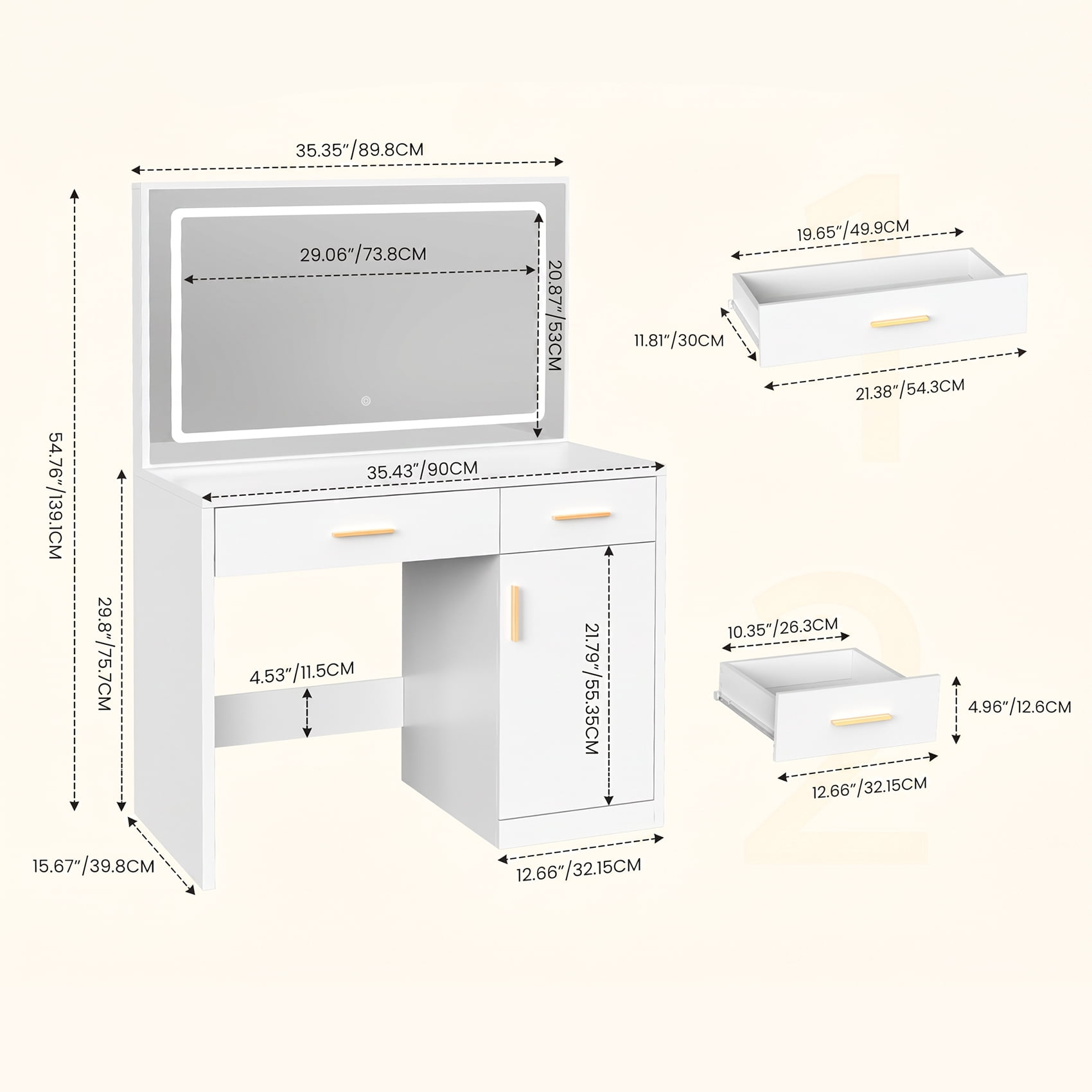 Alvantor Makeup Vanity Desk with Glass Top & LED Mirror, Adjustable Lighting, Storage Drawers, White