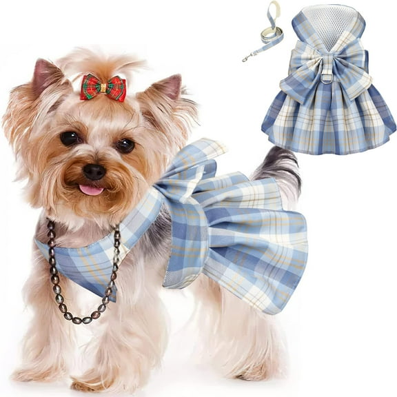 Plaid Dog Dress Harness with Leash Set, Puppy Dresses for Small Medium Dogs Female, Adjustable Doggie Summer Dresses, Yorkie Chihuahua Clothes Girl, Pet Apparel Cats