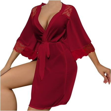 Women Lace Kimono Robe Bell Sleeve Sheer Nightgown Sexy Chiffon Lingerie Babydoll Mesh Chemise Women Pajama