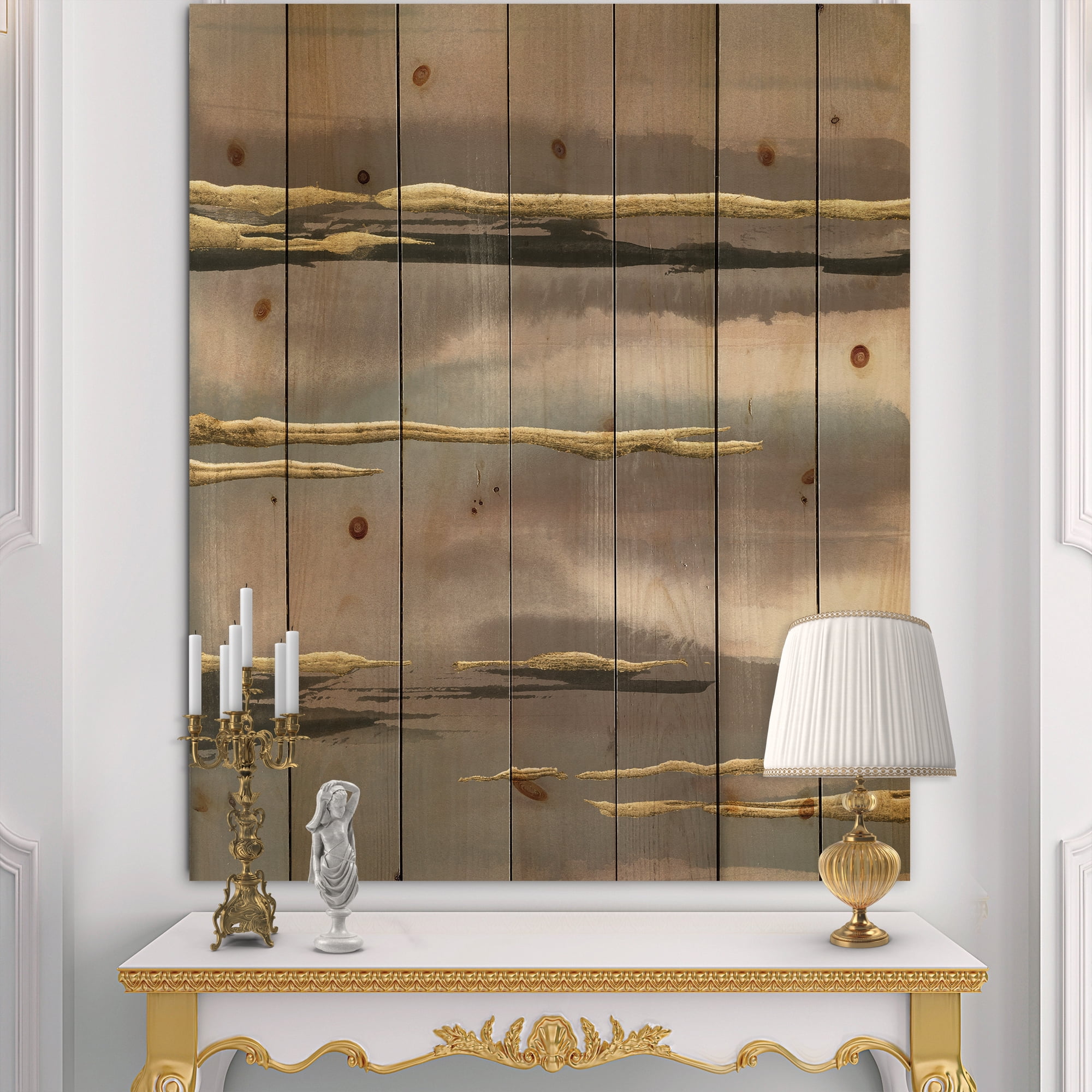 Designart 'Glamorous Fractal Morning Fog I' Modern Glam Print on Natural Pine Wood