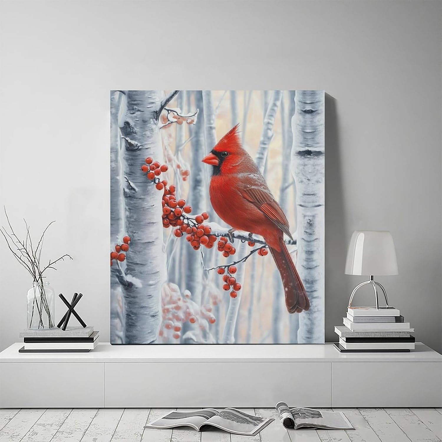 RAYZEL Cardinal Wall Art Red Birds on Branwith Berries in Winter