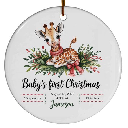 Giraffe Baby's First Christmas Ornament, Name/Birthday & Info Giraffe Baby's First Christmas Ornament