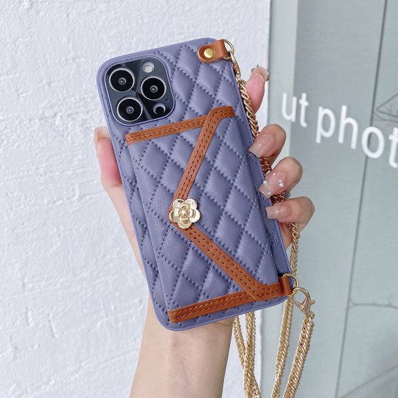 Wallet Case for iPhone 15 Pro, Luxury Fashion Flower Design Purse PU Leather Cover with Card Slots Crossbody Metal Chain Shoulder Strap Case for iPhone 15 Pro Women Girls, Purple