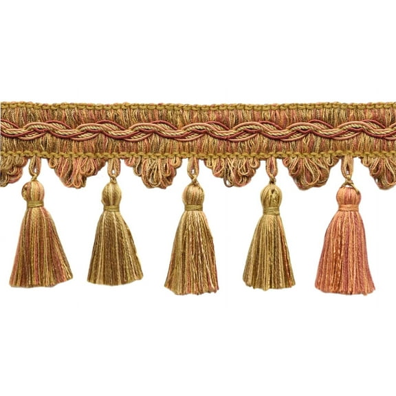 3 1/2" (8.5cm) Veranda Collection Elegant Scalloped Tassel Fringe Trim # VTF035,, Sunset Beige #VNT9 (Gold Beige, Rust Red, Light Brown) Sold By The Yard (36"/3 ft/0.9m)