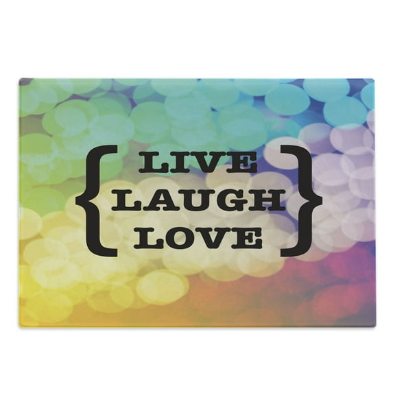 Live Laugh Love Cutting Board, Wise Phrase in Parenthesis Colorful out of Focus Dots Retro Style, Decorative Tempered Glass Cutting and Serving Board, Large Size, Multicolor, by Ambesonne