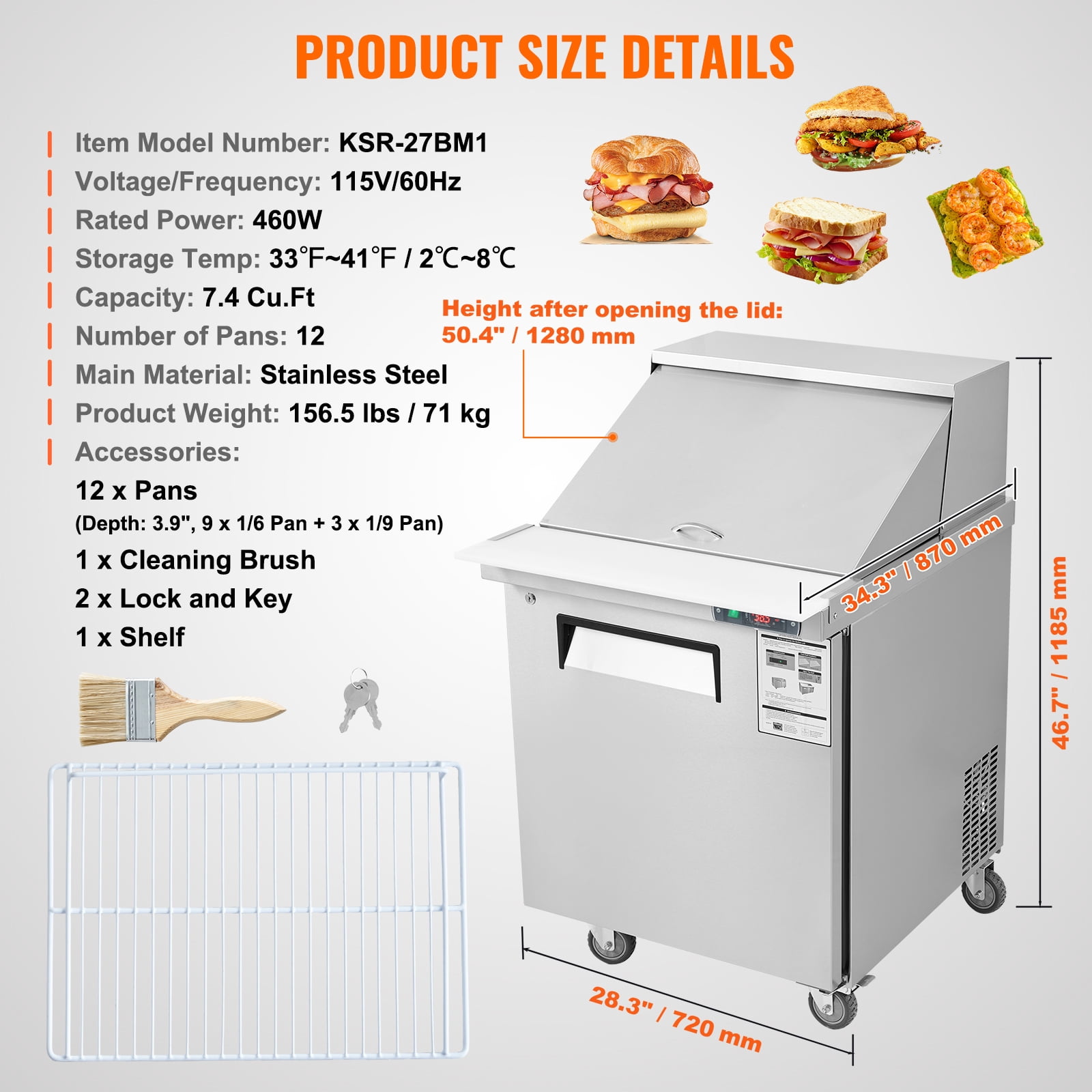 KFFKFF 28" Professional Cold Storage Unit & Salad Preparation Table, 7.4 Cubic Feet Stainless Steel Chilled Food Preparation Station with 12 Containers, Cutting Board, Defrosting Fridge with Lock