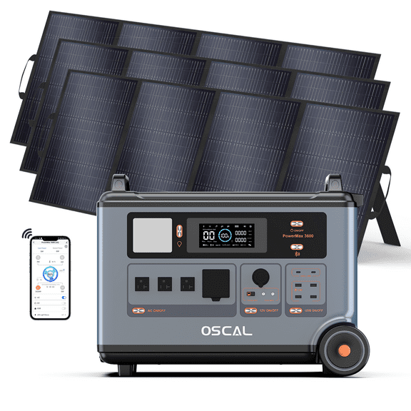 OSCAL PowerMax 6000 Portable Power Station with 3x200W Solar Panels | 3600Wh LiFePO4 Battery | 120V/240V 6000W Output | Home Backup & Outdoor Power