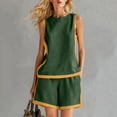 thumbnail image 2 of Women's Summer Casual 2 Piece Outfits Color Block Trim Sleeveless Crewneck Tank Tops and Wide Leg Shorts Sets Lounge Beach Vacation Sets Army Green, 2 of 6