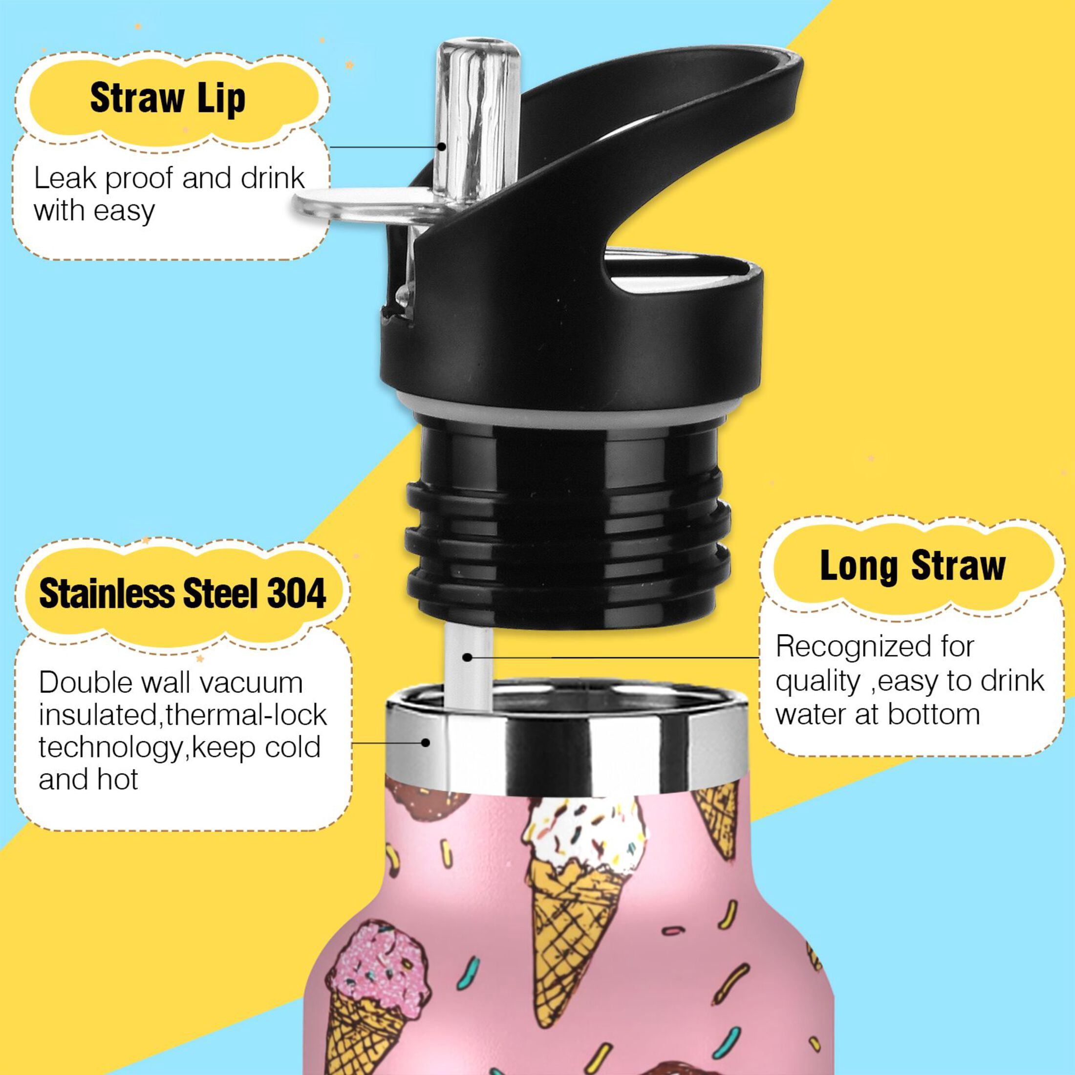 Kids Insulated Stainless Steel Sports Water Bottle 600ml Ice Cream Cones Pattern