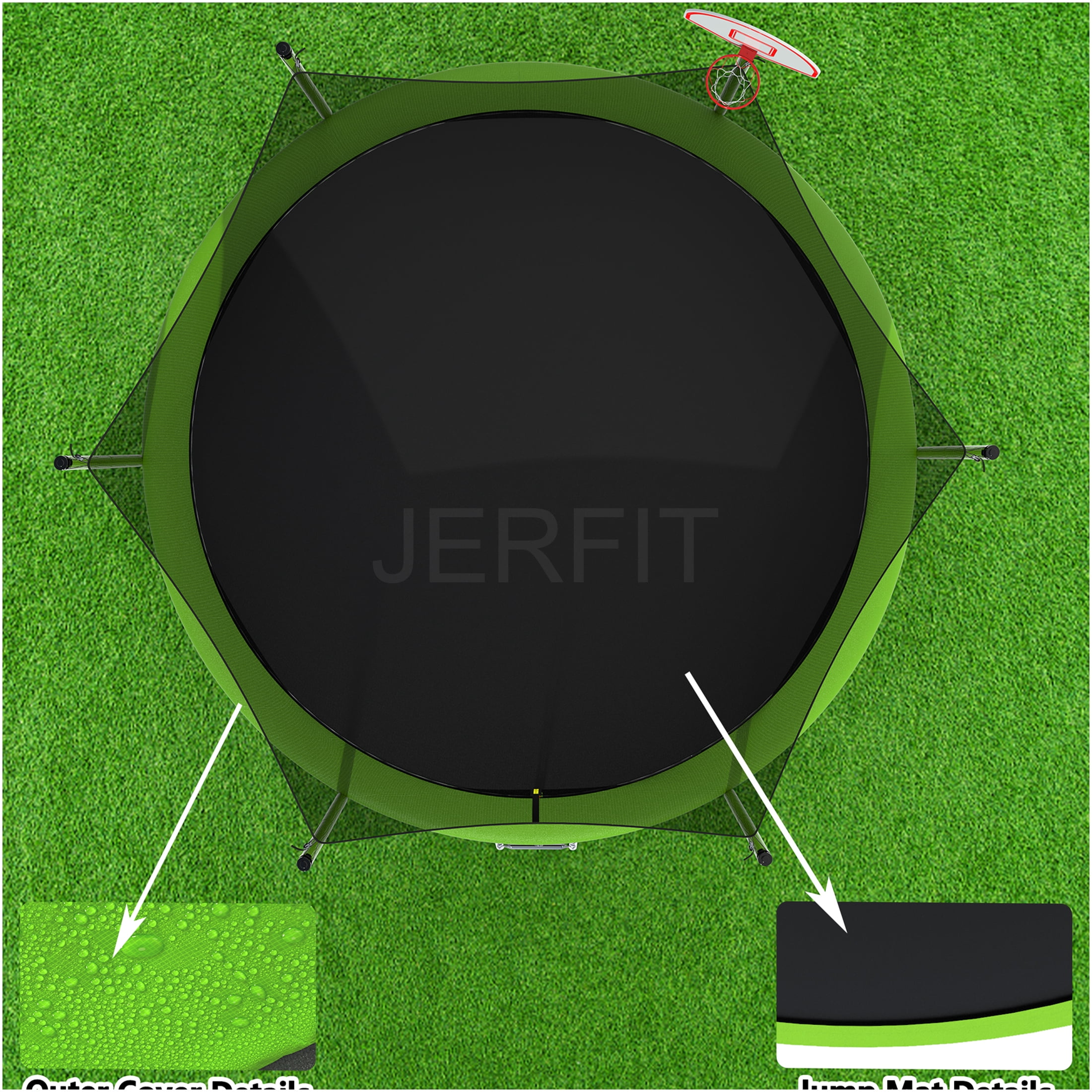 JERFIT 14FT Kids Trampoline with Safety Enclosure Net, Outdoor Large Jumping Mat for Backyard, Includes Basketball Hoop & Ladder, Green