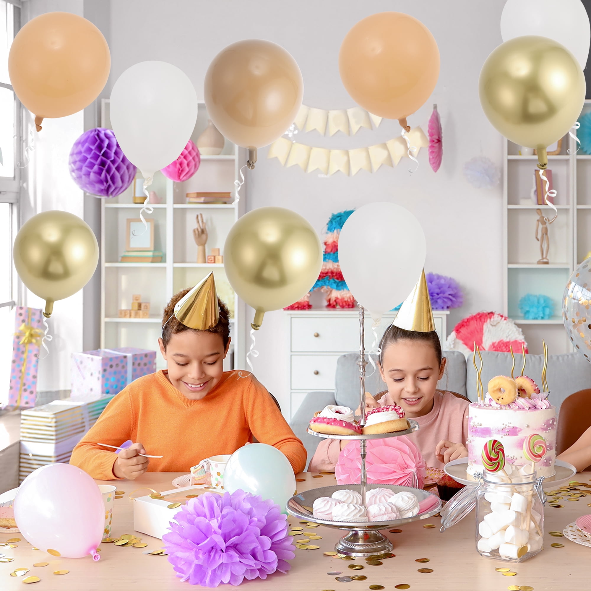 Unique Bargains Latex Party Balloons with Ribbon Apricot White Brown 10inch 20Pcs